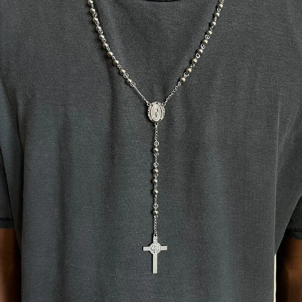 y2k 2000s chrome silver rosary bead necklace